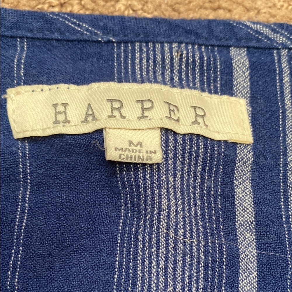 Harper Blue Flutter Sleeve Linen Blend Blouse with Tie Front Spring Summer - Picture 2 of 10